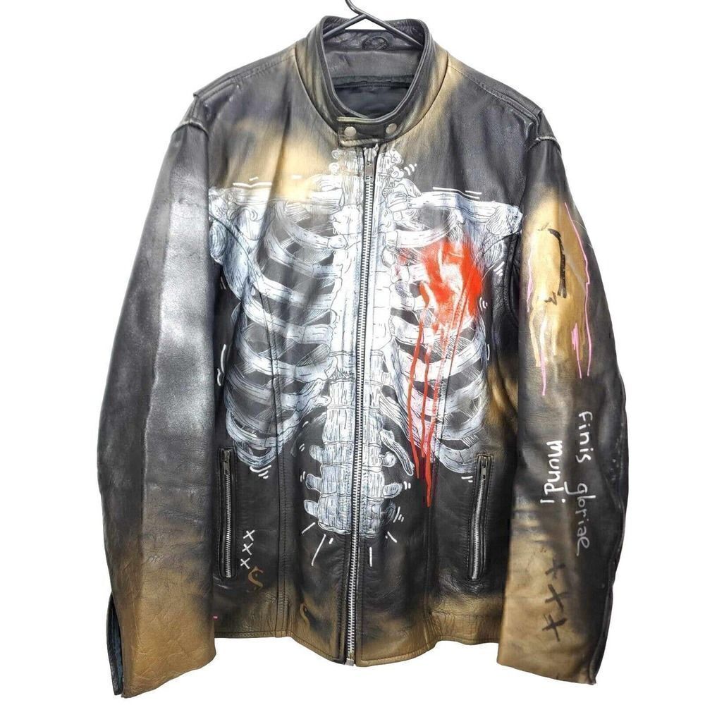 Mega Force Men's Sz46 Black Leather Custom Hand Painted Zip Motorcycle Jacket